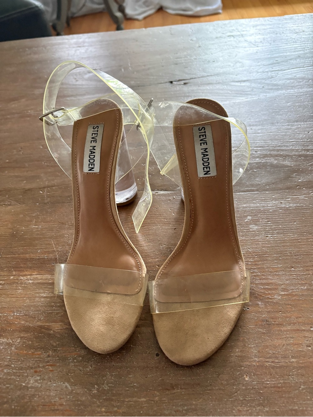 Steve Madden Clear PVC Strap Heels with Tan Footbed